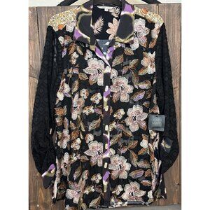 John Mark XL Embroidered Floral Jacquard Point Collar Roll-Tab Sleeves Blouse